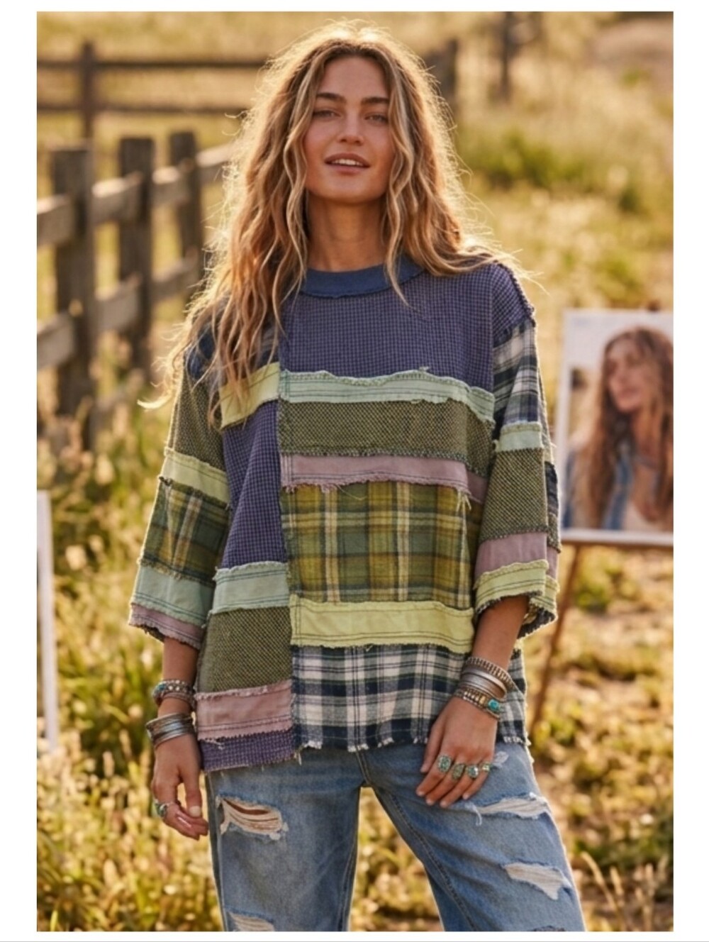 Patchwork Plaid Relaxed Waffle Upcycled Women's Top in Green & Blue Oversized - Picture 8 of 8